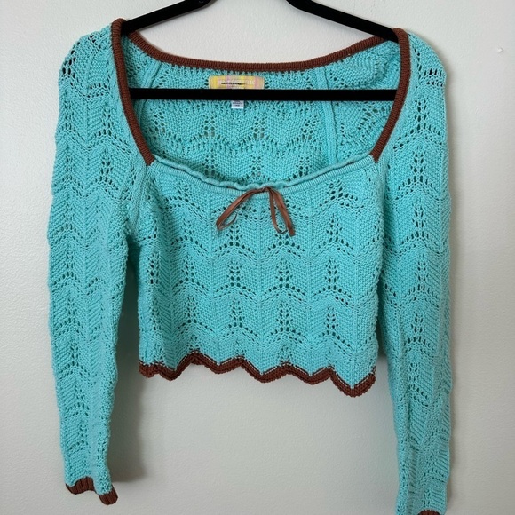 Urban Outfitters Tops - Urban Outfitters Medium Crochet Blue Top with Brown Trim